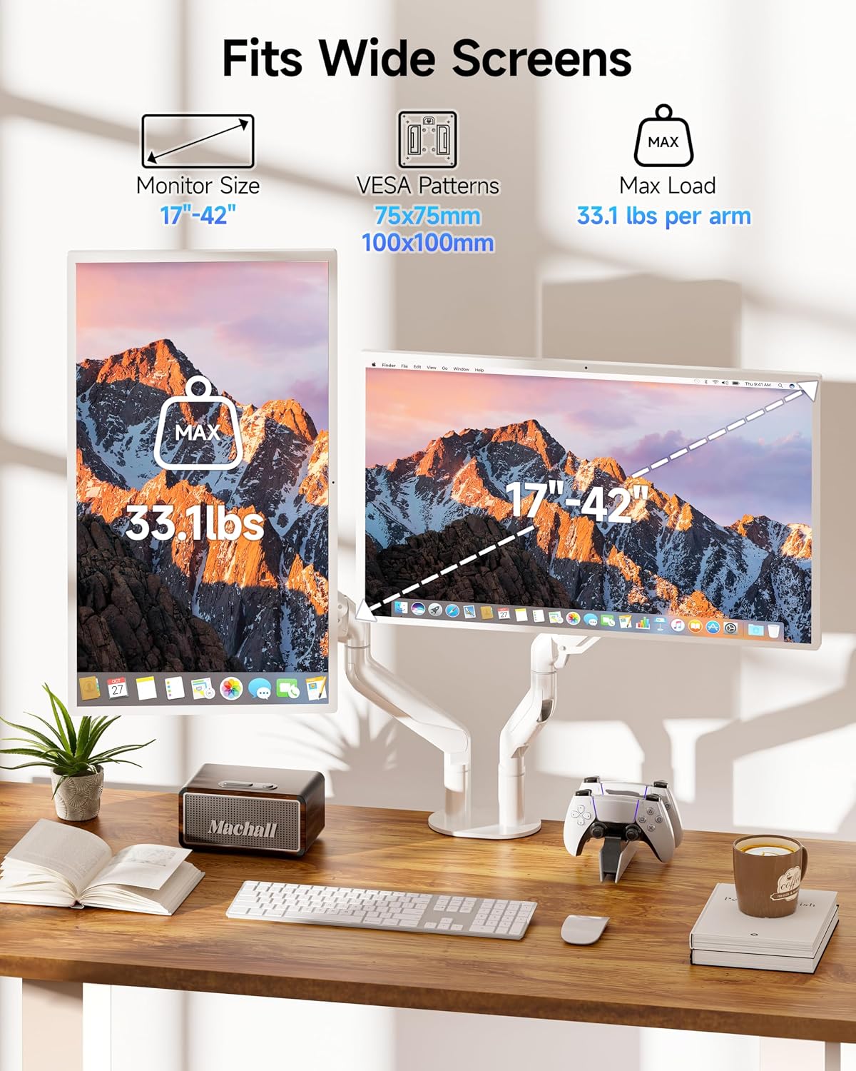 BIZUM Dual Monitor Stand for 17″-42", Heavy Duty Ultrawide Monitor Arm Dual-Monitor Mount VESA Mount with Clamp/Grommet Base, Holds 33.1lbs per Arm, White