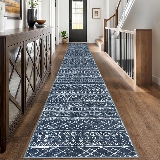 KUTA Moroccan Washable Runner Rug 2.6x18 Non-Slip Vintage Navy Blue Boho