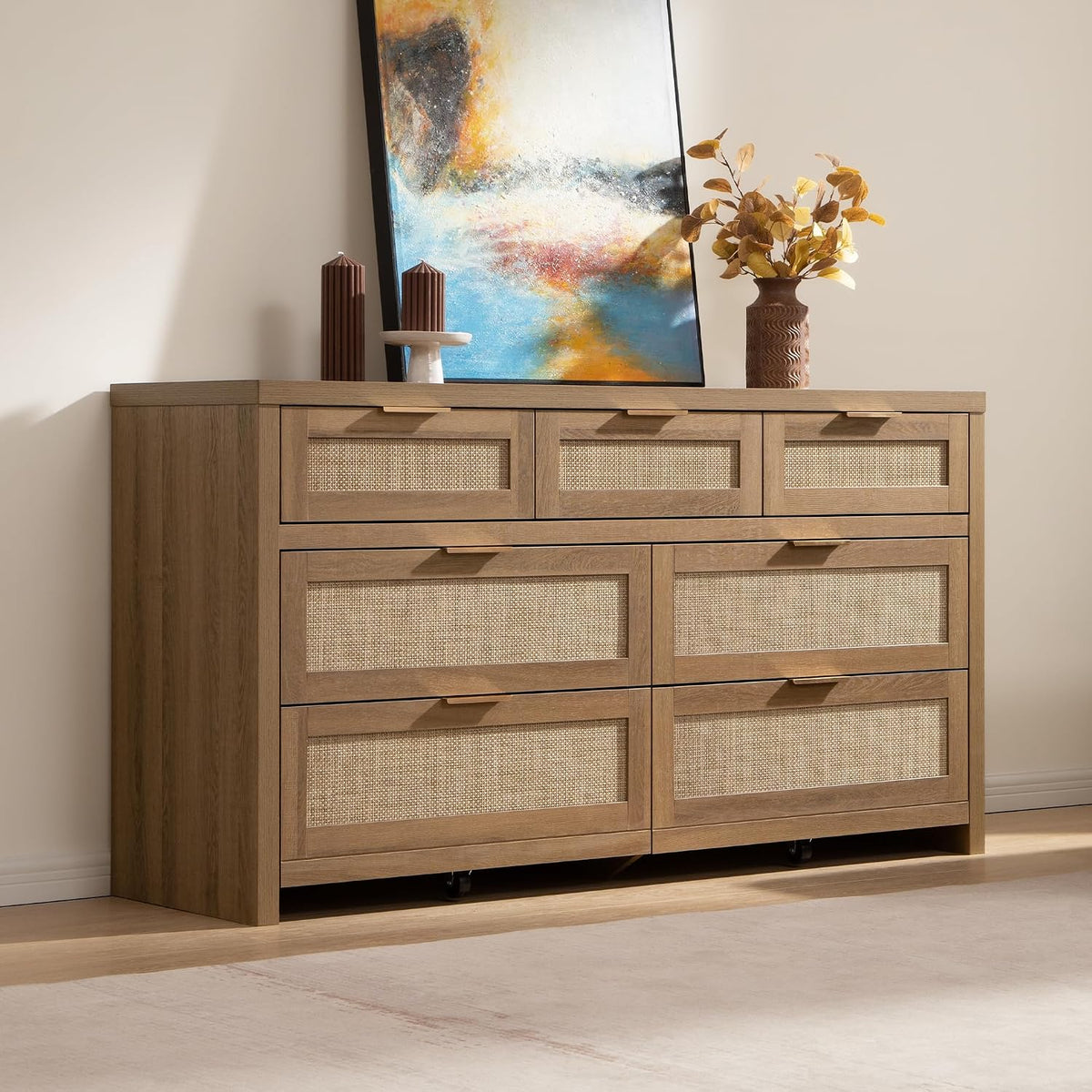 SICOTAS 7 Drawer Rattan Dresser for Bedroom, 57" Wide Dresser