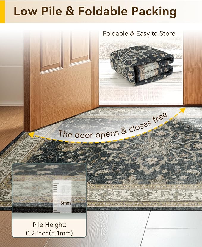 RELEANY Area Rugs Runner 2'x8' Washable Non-Slip, Floral Vintage Distress