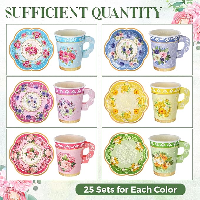 Nuogo 300 Pcs Floral Paper Tea Cups and Saucers 9 OZ Disposable Cups