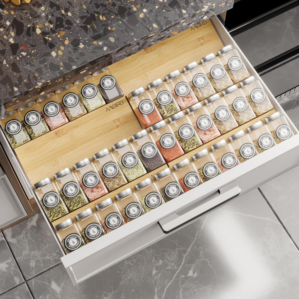 AMBIRD Bamboo Spice Drawer Organizer with Non-slip Mat,4 Tier - 2 Set Jar Spice Rack Tray From 12''to 24'',Hold up 48 Jars Seasoning Organizer for Kitchen,Cabinet,Drawers,Countertop