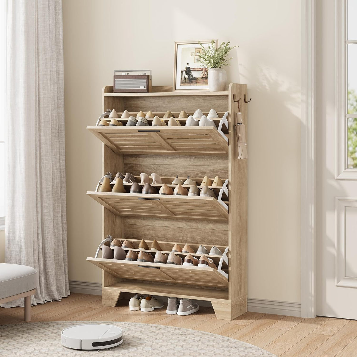 IDEALHOSUE Shoe Cabinet Storage for Entryway, Slim Shoe Storage Cabinet with 3 Flip Drawers, Freestanding Hidden Narrow Shoe Organizer Cabinet with Hooks for Entrance, Foyer, Hallway, Light Oak