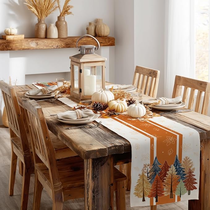 Fall Watercolor Trees & Maple Leaves Striped Table Runner 13x108 Inch, Rustic