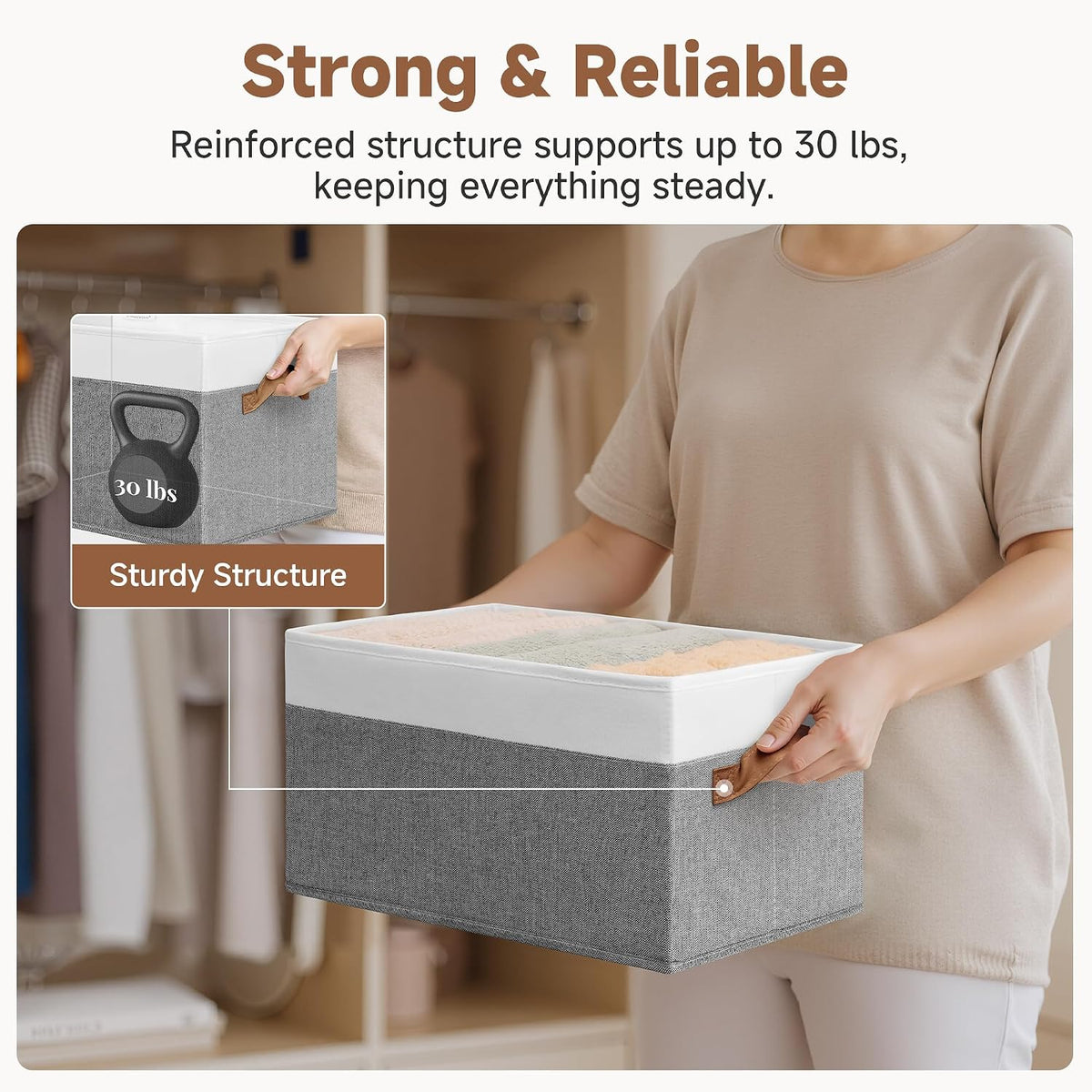 StorageWorks Closet Storage Bins, Gray&White, Large, 3-Pack