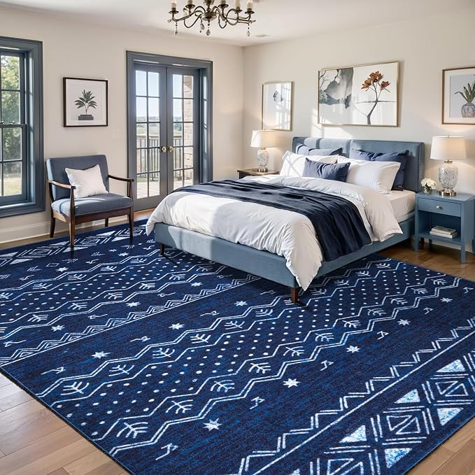 SERISSA 9x12 Area Rugs for Living Room, Washable Non-Slip Blue and White Boho