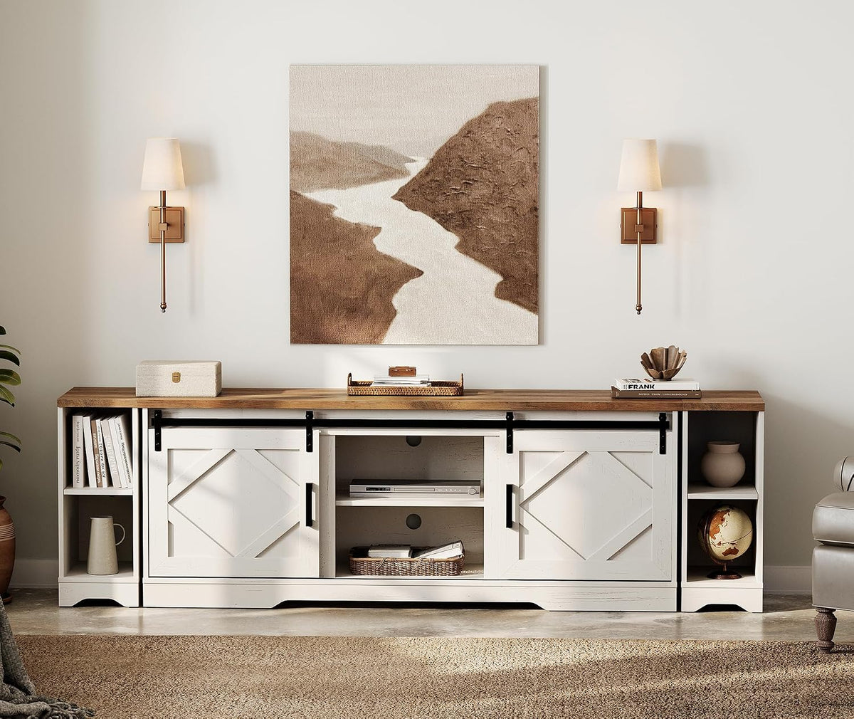 WAMPAT 3-in-1 Farmhouse TV Stand for 95" TV, Entertainment Center with Barn Door Storage & Cable Management, Large Media Console for Living Room, Wooden TV Table with Short Shelves