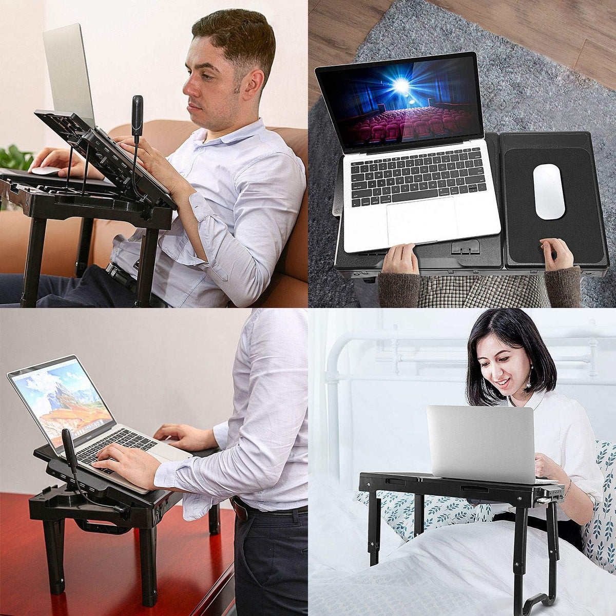 TeqHome Laptop Desk for Bed, Adjustable Table with Fan, Portable Lap Desk, Foldable Legs, Stand for Couch Sofa, Tray with LED Light, 4 USB Ports, Storage, Mouse Pad