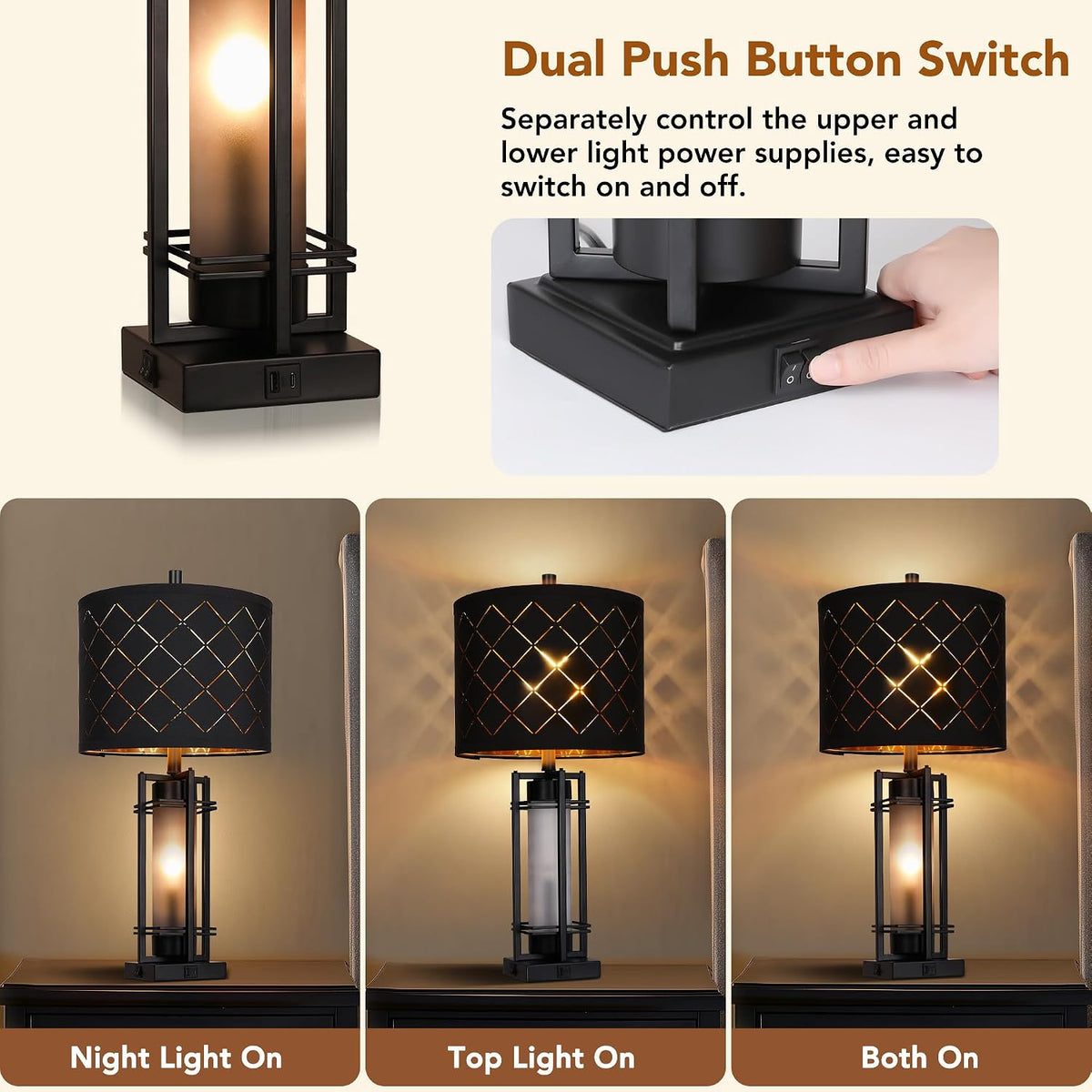 WIHTU 27'' Modern Table Lamp Set of 2 with Nightlight, Metal Bedside Lamps