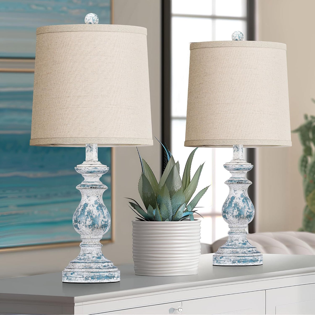 PARTPHONER Traditional Table Lamp Set of 2, Rustic Farmhouse Table Lamps for Living Room Bedroom, 22" Bedside Desk Lamps Vintage Nightstand Lamps with Linen Shades, Washed Blue