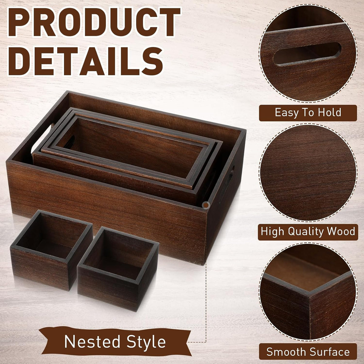 Set of 6 Wooden Storage Boxes with Handles Nesting Farmhouse, Brown