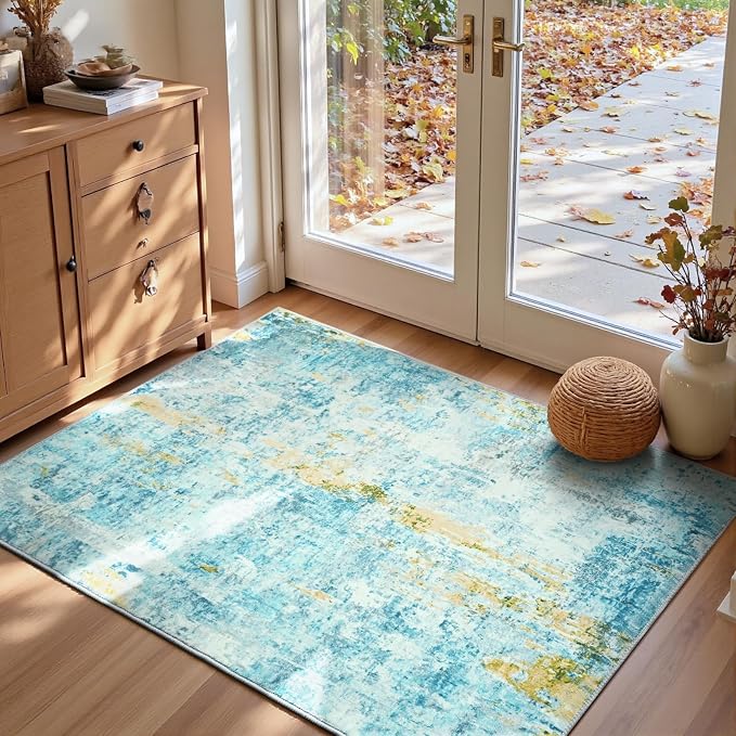 Entryway Rug 3x5 Teal Blue Bedroom Area Rug Washable Non Slip Abstract Boho Rugs