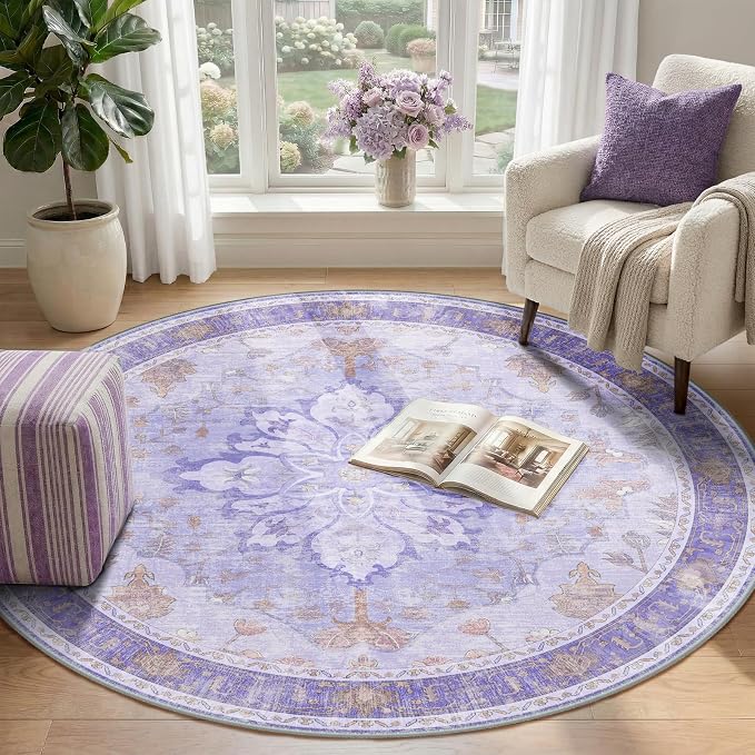 RELEANY Area Rugs Round 4ft Washable Non-Slip, Floral Vintage Distress