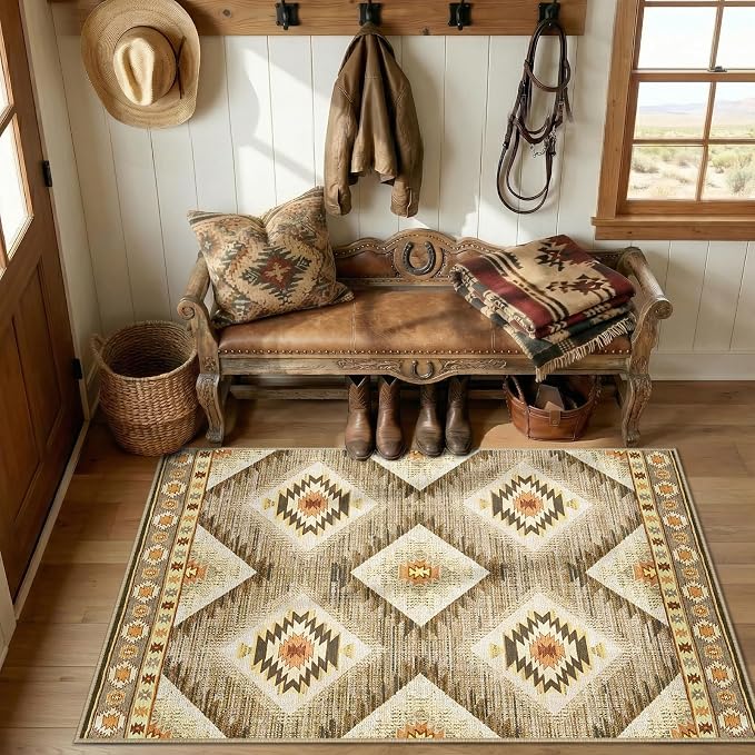 Area Rug 8x10 Rug Machine Washable Non-Slip Low Pile Print Pattern Western Rug