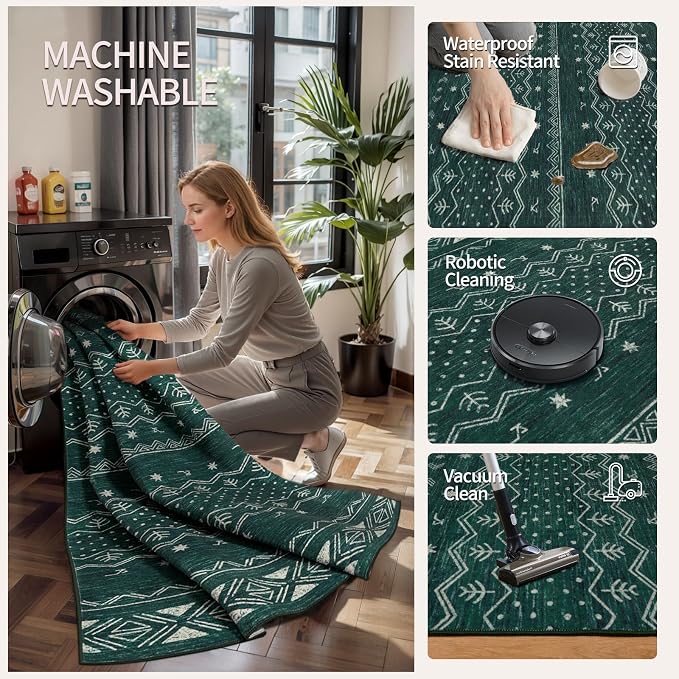 SERISSA 2x5 Kitchen Runner Rug, Washable Non-Slip Dark Green Boho Rug, Soft