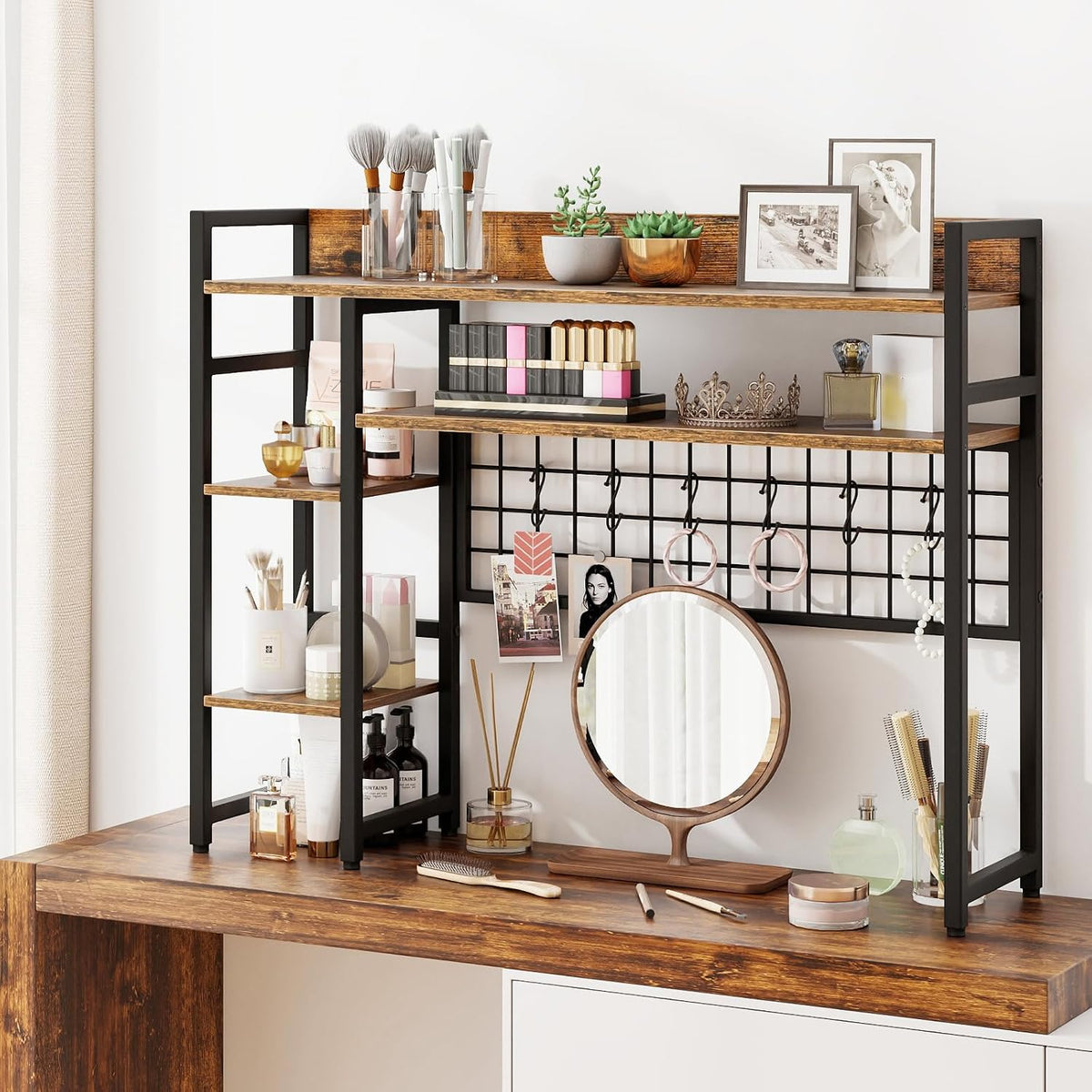 GOFLAME Desktop Bookshelf, 37 Inch Desk Shelf for Computer Monitor, 4-Tier Desk Hutch with Grid Panel 6 Hooks Set, Industrial Countertop Storage Organizer Shelf for Home Office, Dorm (Rustic Brown)