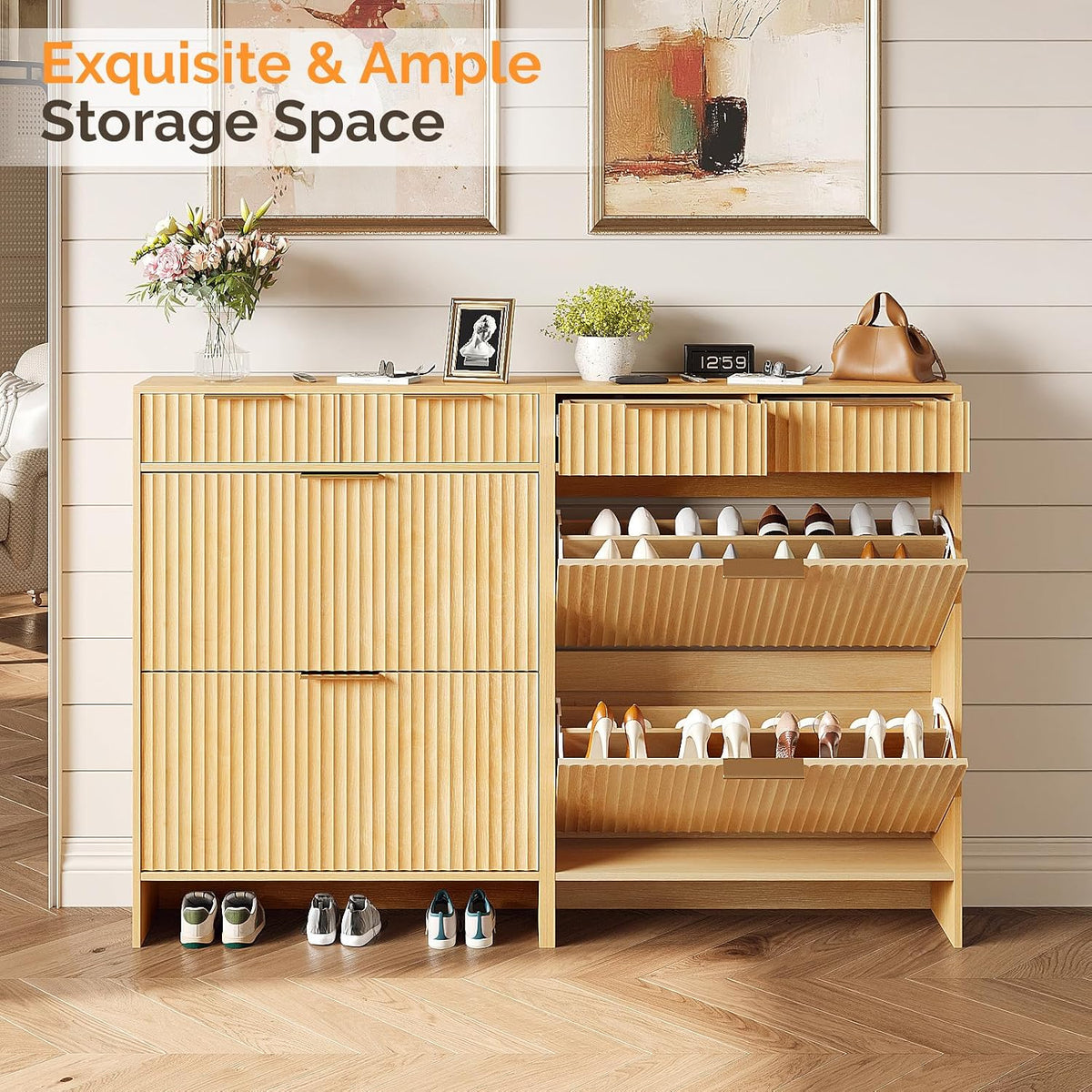 VINGLI Fluted Shoe Cabinet for Entryway, Slim Shoe Storage Cabinet with 2 Flip Drawers & 2 Top Drawers, Modern Hidden Shoe Rack Organizer with Adjustable Shelves, Narrow Freestanding Console, Oak