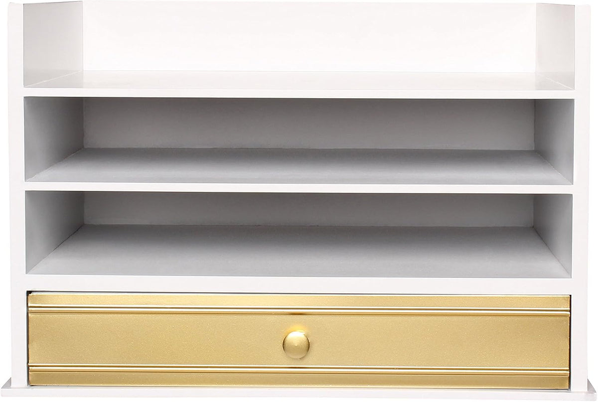 Kate and Laurel Industrious Desktop Wood Letter Tray with 3 Trays and Drawer, White and Gold