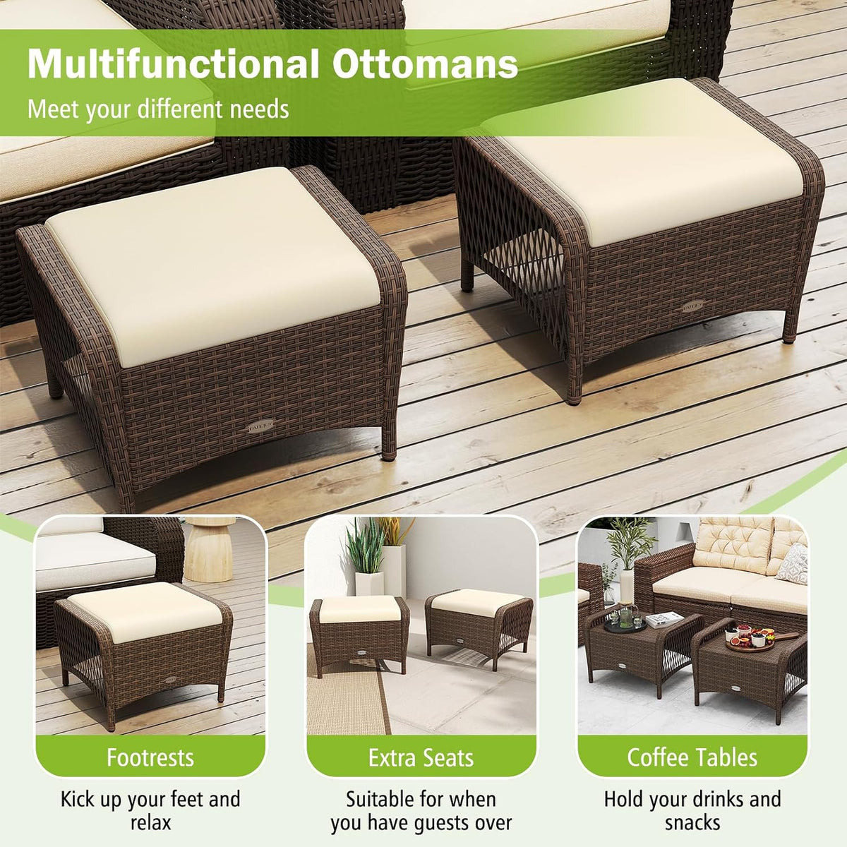 RELAX4LIFE 2-Piece Wicker Outdoor Ottoman - Rattan Footstools w/Removable Cushions, Multipurpose Foot Rest, Additional Seating & Side Table for Garden Porch Balcony, Set of 2 Patio Ottoman (Beige)