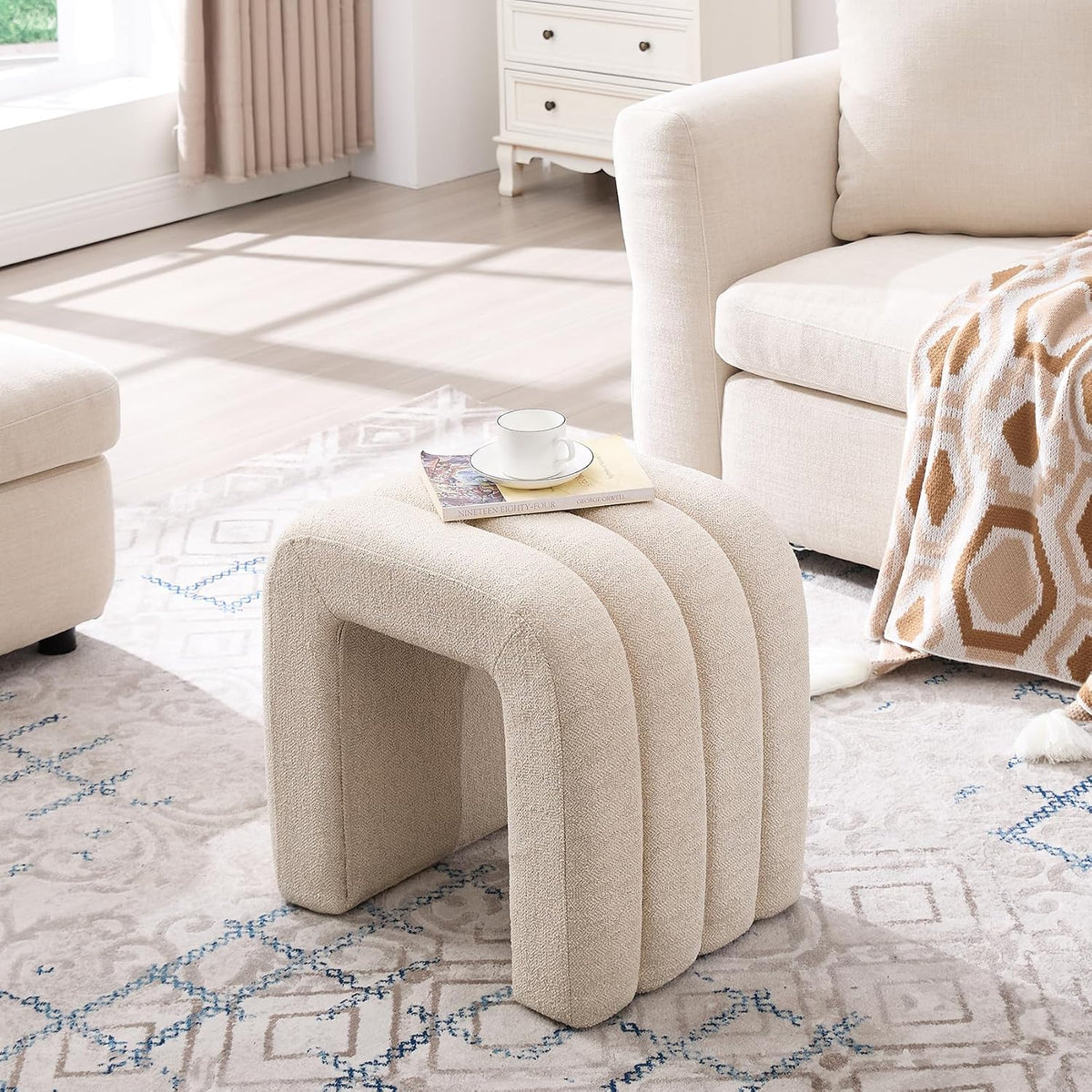 ONEVOG Beige Pouf Ottoman, Foot Rest for Couch 18 inch Cute Vanity Chair for Makeup, Sturdy Frame, Living Room Decor, Upholstered Footrest for Dorm, Bedroom