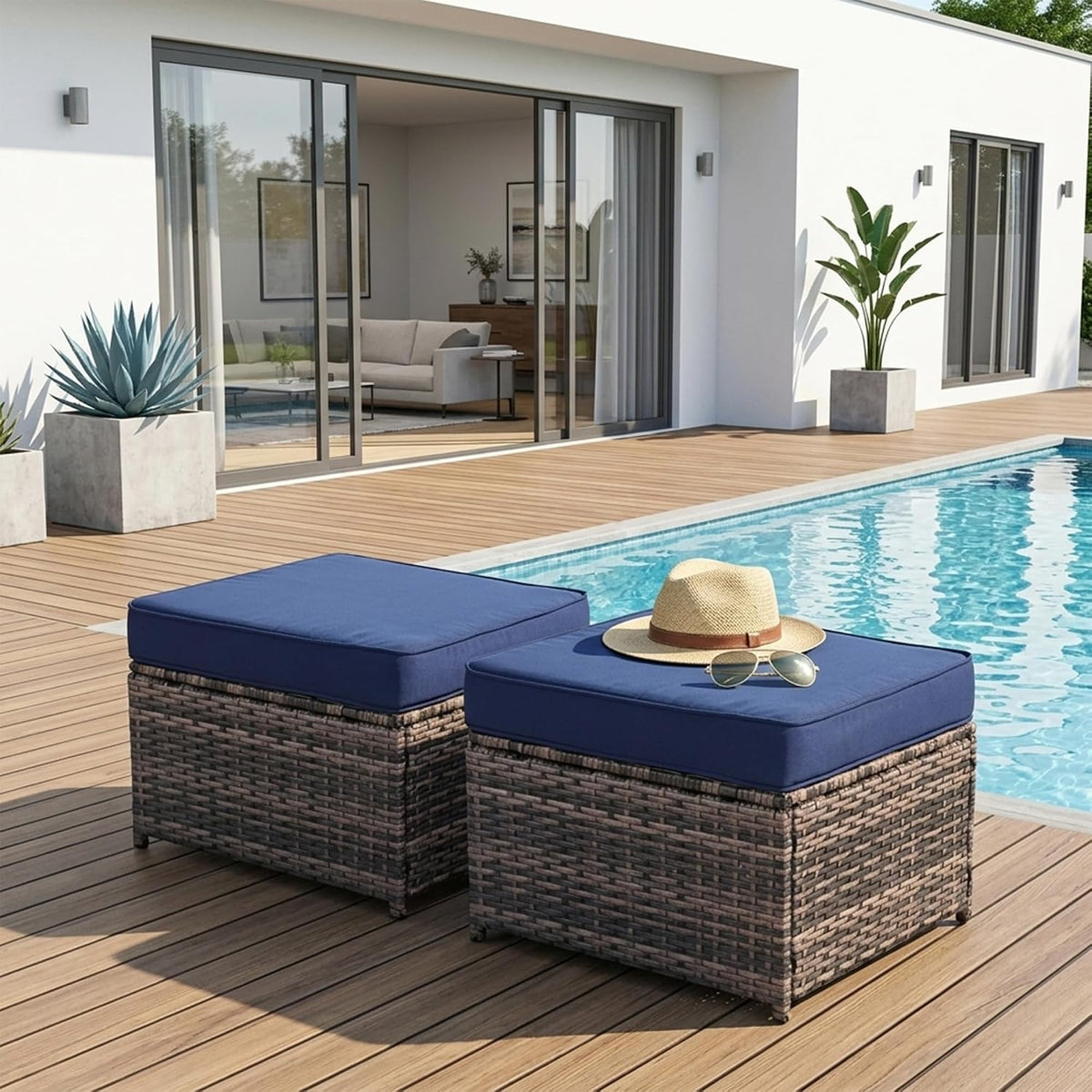 2 Piece Patio Sofa Ottomans with 4.3" Thick Cushions, Wicker Outdoor Couch Extension Set, All-Weather Rattan Seating Accessory for Backyard Furniture,（Blue）