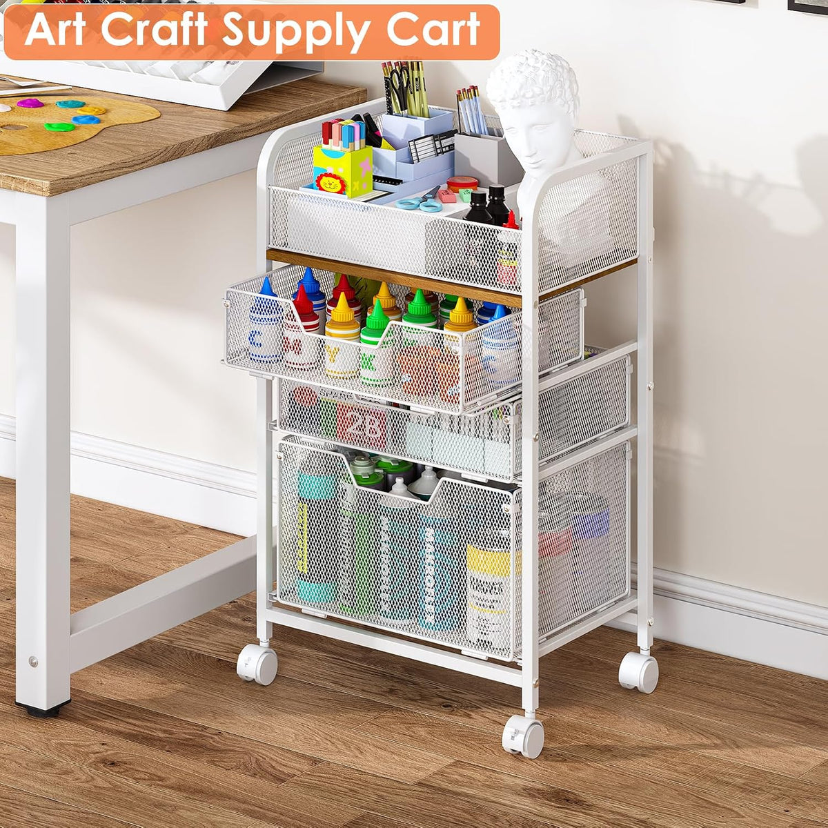4-Tier Rolling Utility Cart with 3 Drawers-White Craft Organizers and Storage with DIY Dividers, Under Desk Cart with Lockable Wheels, Craft Cart Art Cart for Brushes Artifacts Patent Pending