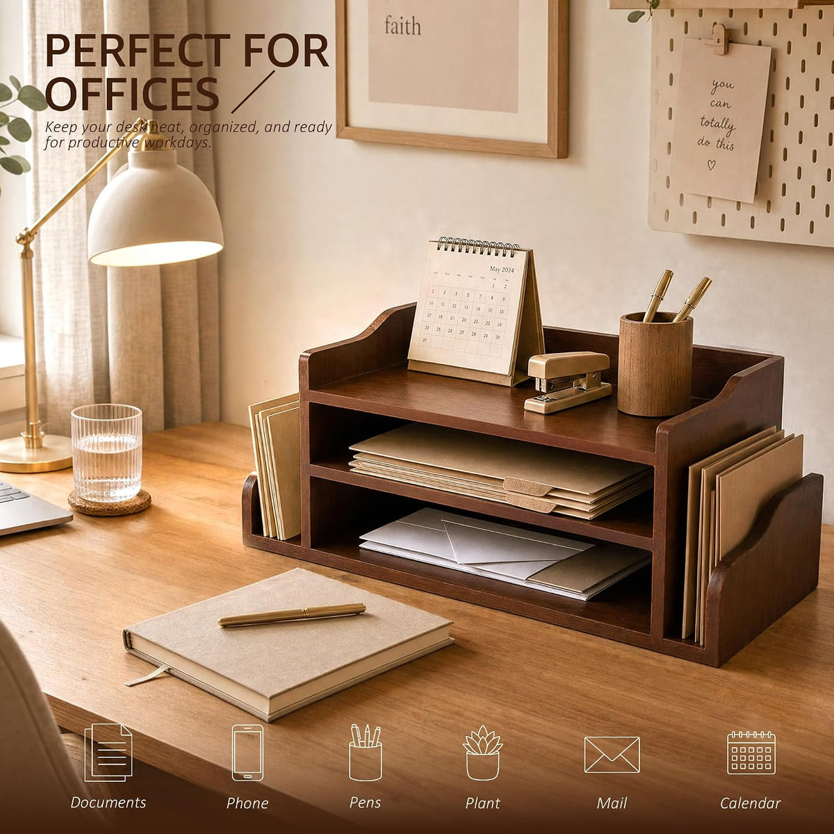 Wood Desk Organizer: File Organizer with 3-Tier Shelf and Side Slots, Brown