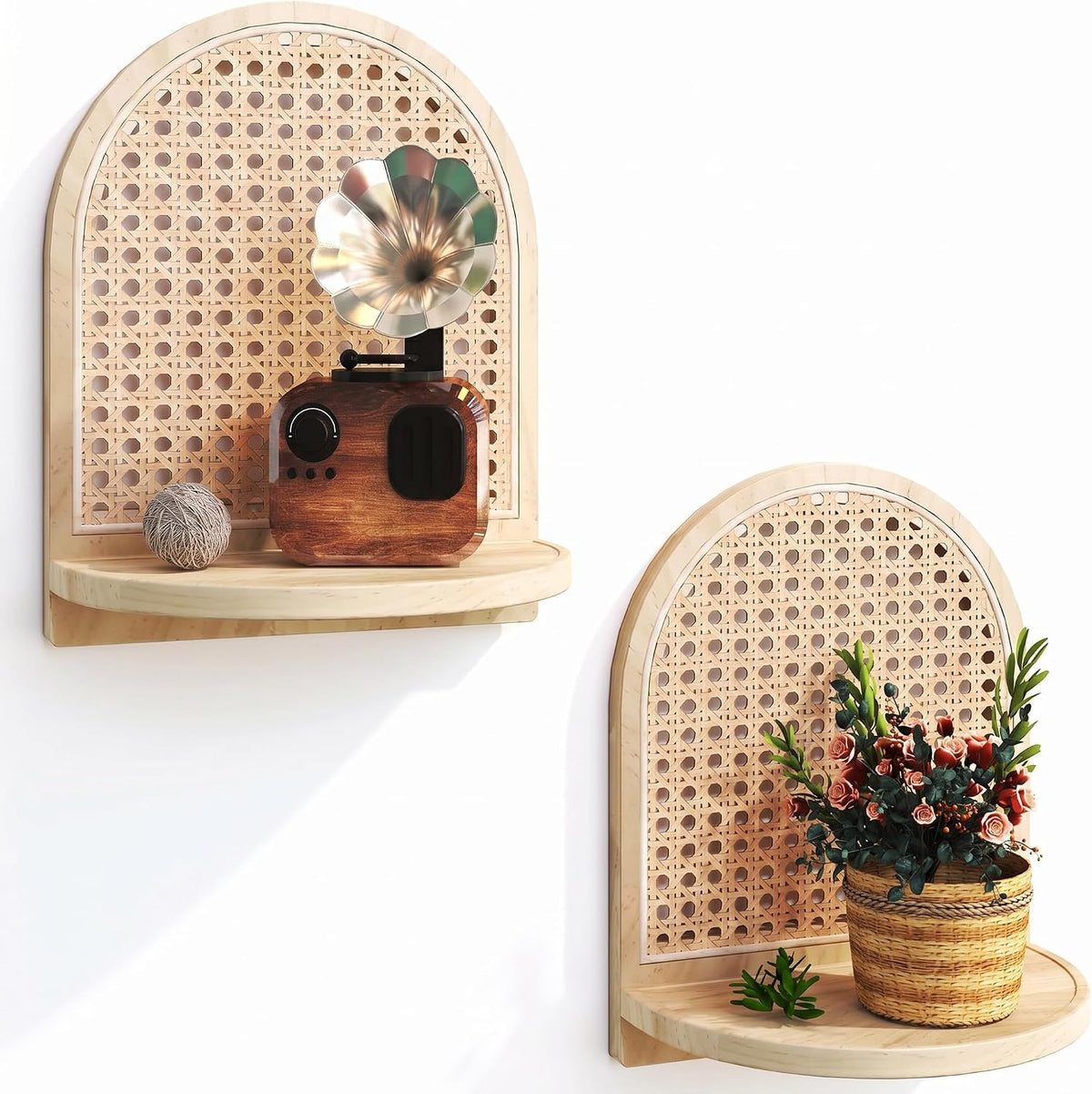 Rattan Shelf Set of 2, 7''Natural Rattan Shelf with Wicker Decor, Boho Wall Decor Small Floating Shelf for Plant Figurines Display, Mini Shelves for Knick Knack Storage