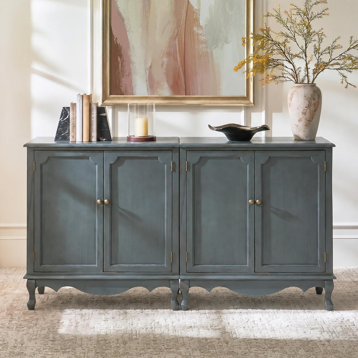 HULALA HOME Farmhouse Storage Cabinet with 2 Doors, Set of 2, Blue