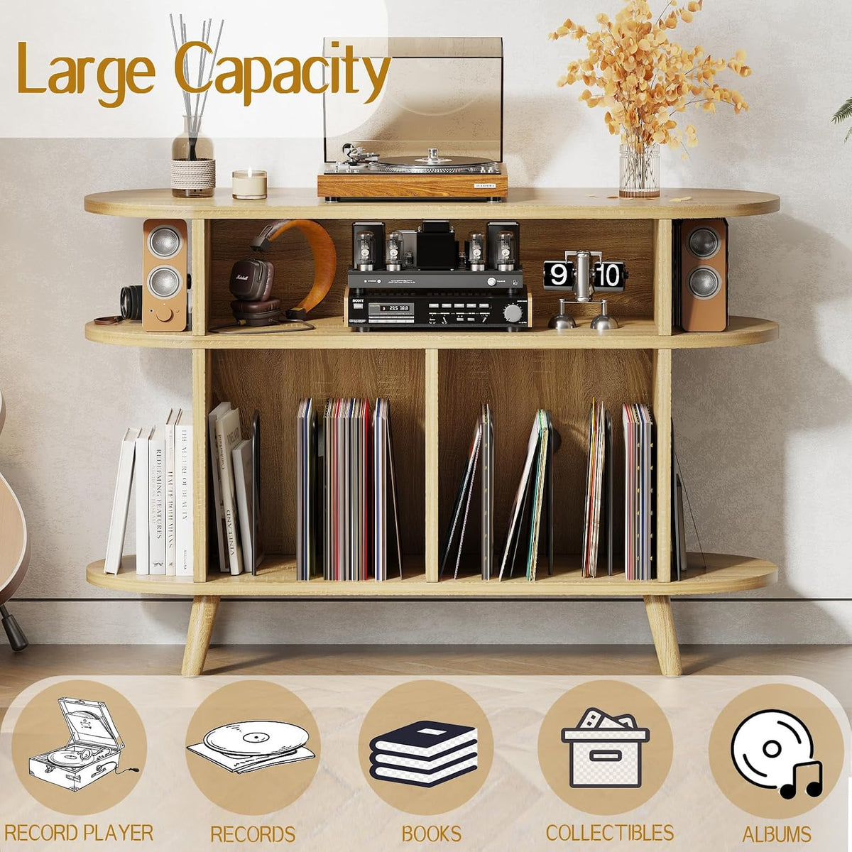 LIVEHOM Large Round Record Player Stand, Wood Record Storage Cabinet, Vinyl Record Holder with Display Area, Mid Century Modern Turntable for Living Room, Bedroom (Nature)