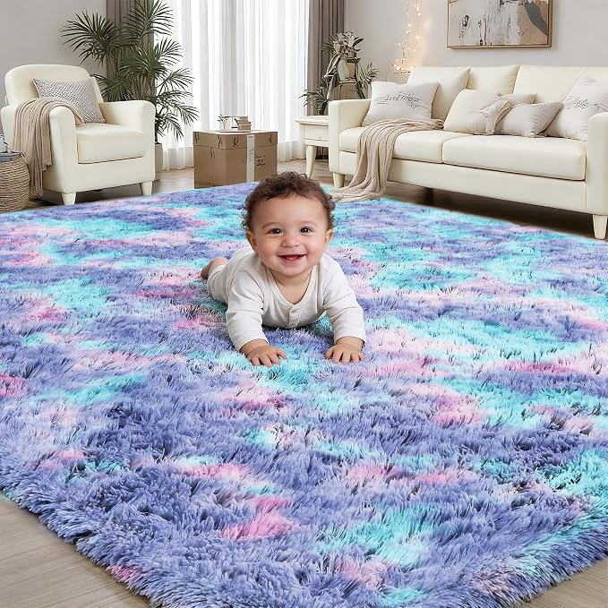 Rainbow Fluffy Rugs for Girls Bedroom: 9x12 Large Shag High Pile Area Rug