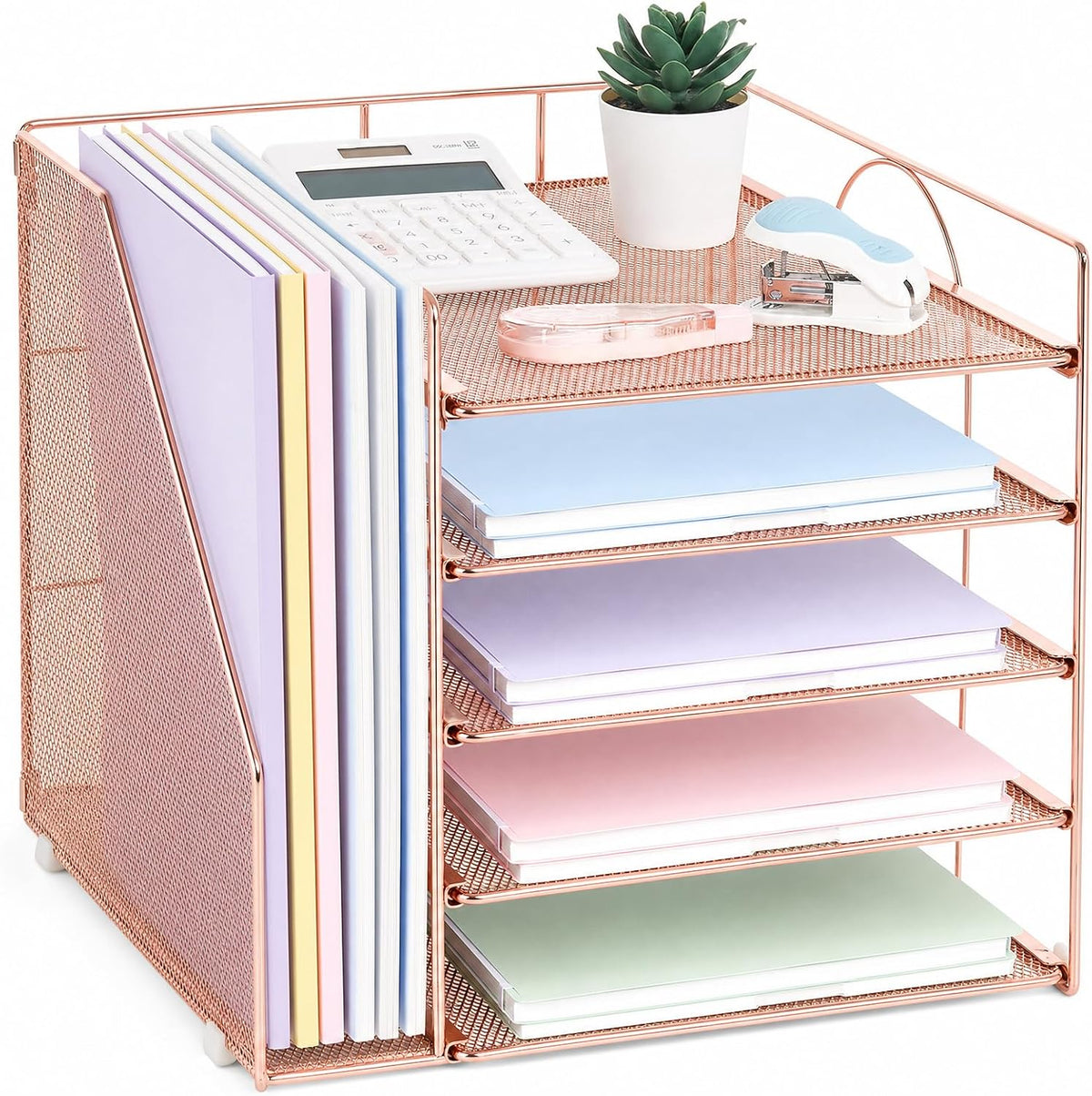 LEKETREE Desk Organizers and Accessories, 5-Tier Paper Letter Tray Organizer with File Holder, Desktop Organizer for Office Supplies (Rose Gold)