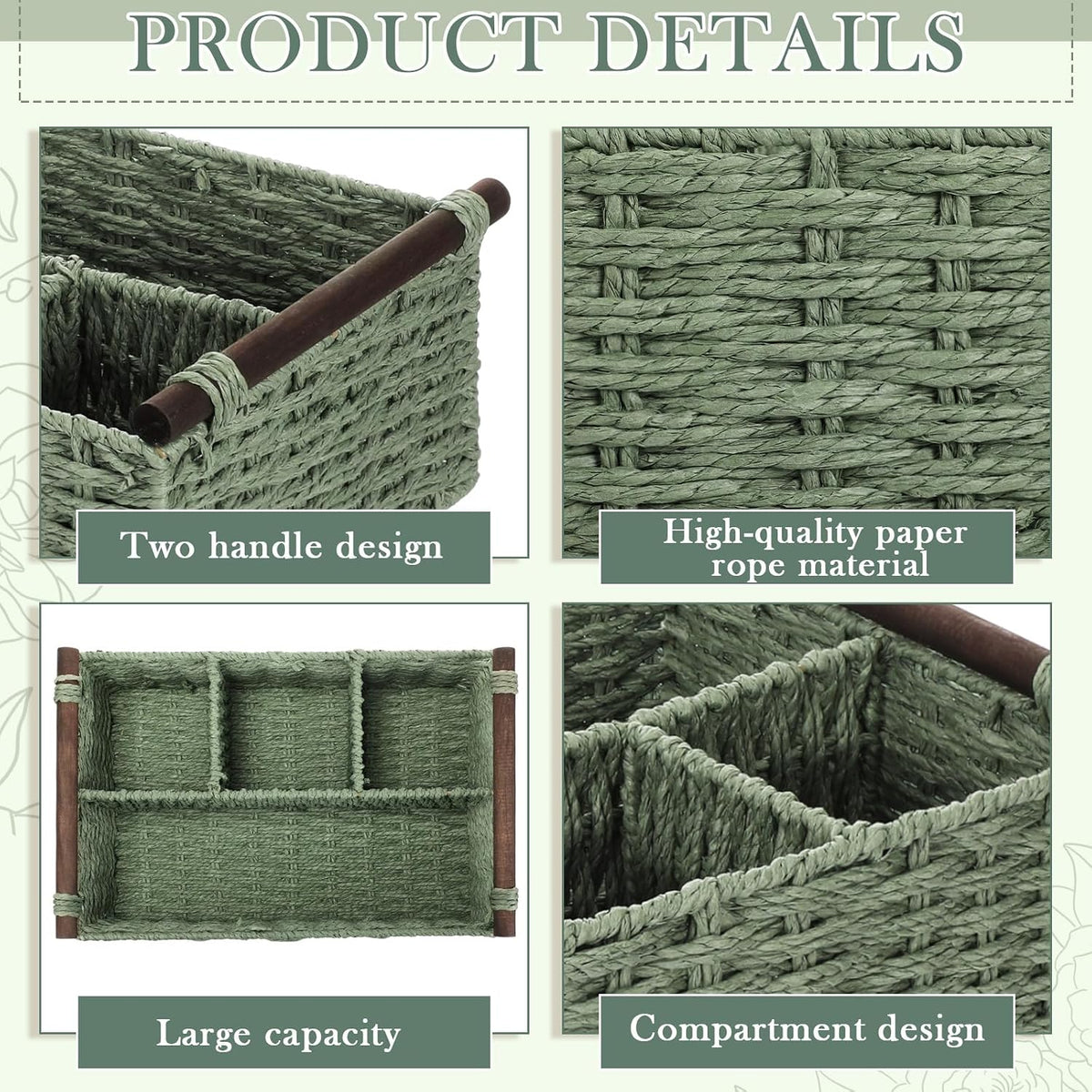 Remerry Sage Green Bathroom Countertop Organizer Caddy, Wicker-Like Divided Basket with Handle and Metal Frame, 4 Compartment, Paper Rope Storage Organizer for Vanity Kitchen (10.24 x 7.87 x 3.94 in)