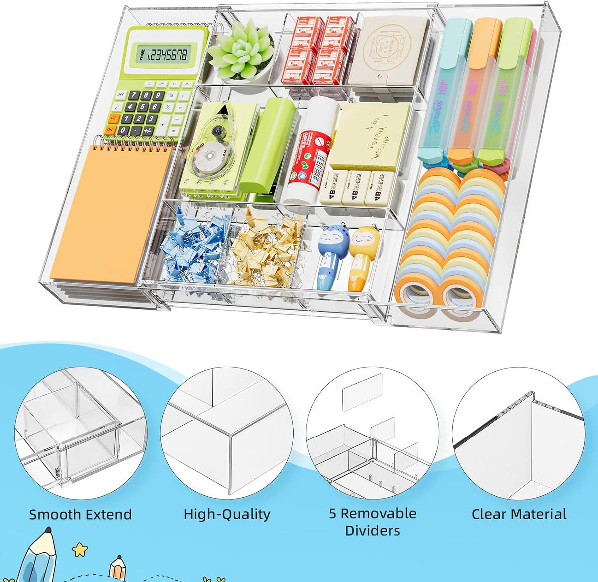 Marbrasse Expandable Desk Drawer Organizer, Clear Plastic Drawer Organizer Tray with 10 Adjustable Compartments, Desk Organizers and Accessories, 5 Drawer Dividers for Office Supplies (Clear-2P)