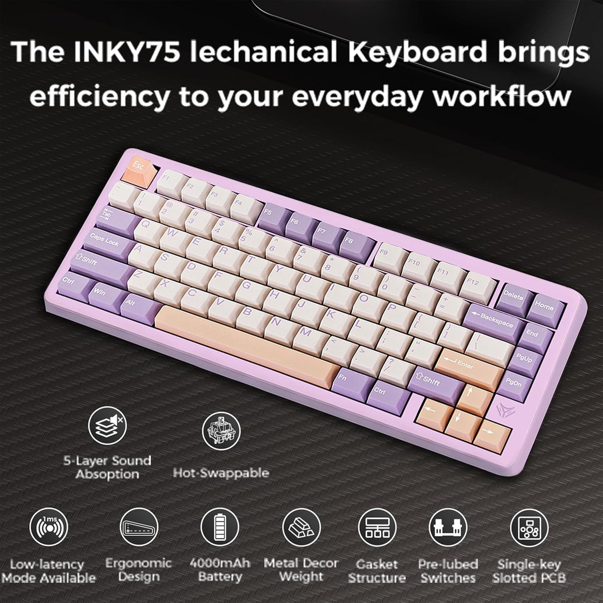 MK INKY75 CNC Aluminum Mechanical Keyboard Triple-Mode Connectivity Gaming Keyboard, 75% Layout Mechanical Keyboard,with Superior Acoustics, Creamy Sounding, RGB/HMX/4000mAh(Dream Lavender)