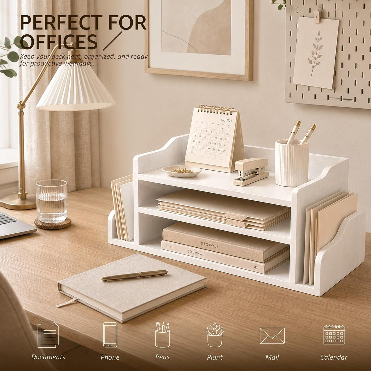 Wood Desk Organizer: File Organizer with 3-Tier Shelf for Office Desk,White