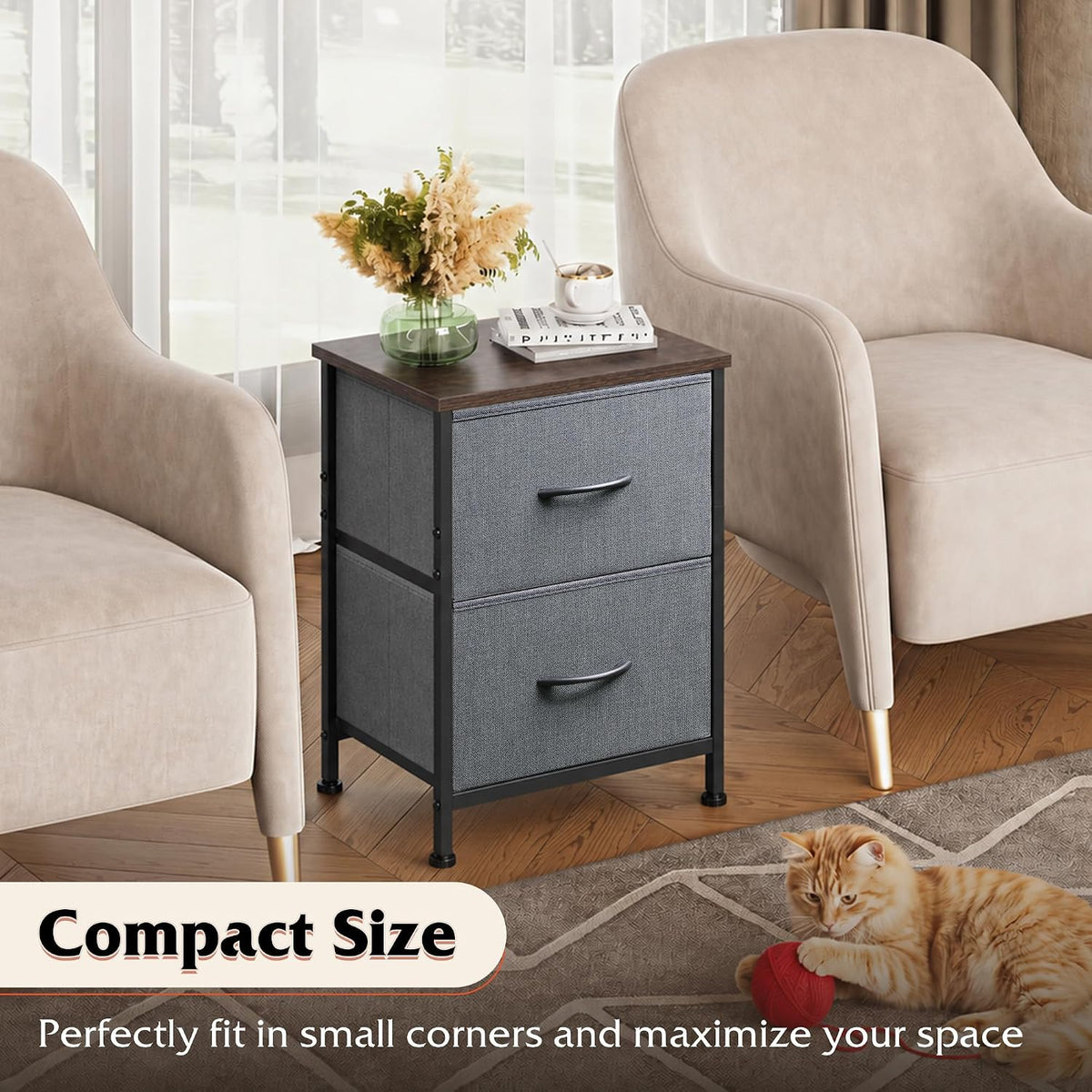 WLIVE Nightstand, 2 Drawer Dresser for Bedroom, Small Dresser with 2 Drawers, Bedside Furniture, Night Stand, End Table with Fabric Bins for Bedroom, Closet, Entryway, College Dorm, Dark Grey