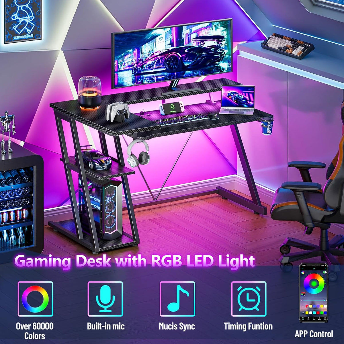 Korfile 47 Inch Gaming Desk with Power Outlet, LED, Carbon Fiber Black