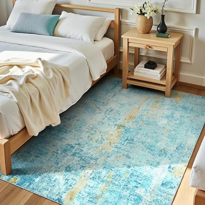 Entryway Rug 3x5 Teal Blue Bedroom Area Rug Washable Non Slip Abstract Boho Rugs