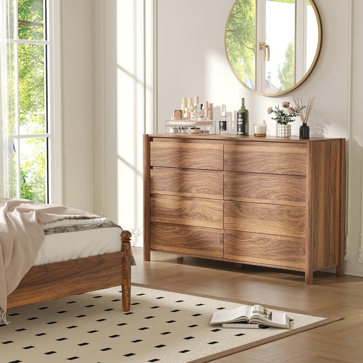 CHUWELL 55" Wide Walnut 8 Drawer Dresser for Bedroom with Solid Wood Legs
