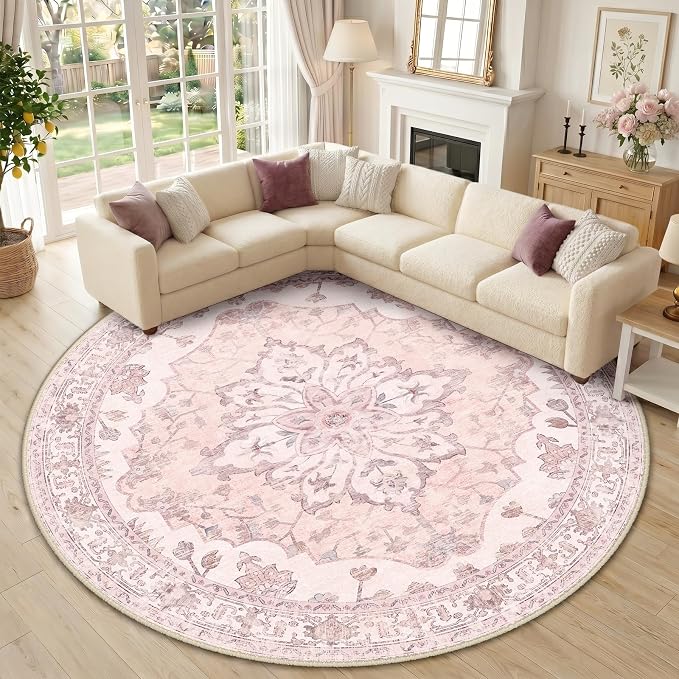 RELEANY Area Rugs Round 10ft Washable Non-Slip, Floral Vintage Distress