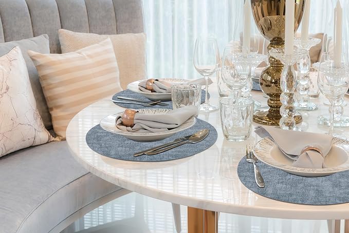 Round Faux Leather Placemat and Coaster 8 Packs, Washable Heat Resistant Dining