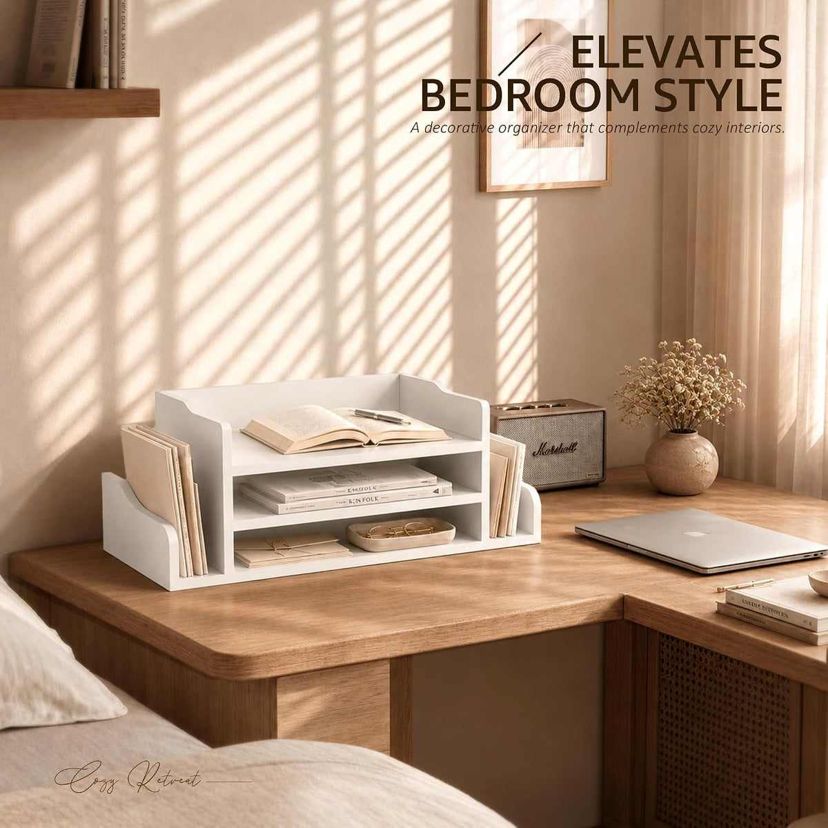 Wood Desk Organizer: File Organizer with 3-Tier Shelf for Office Desk,White