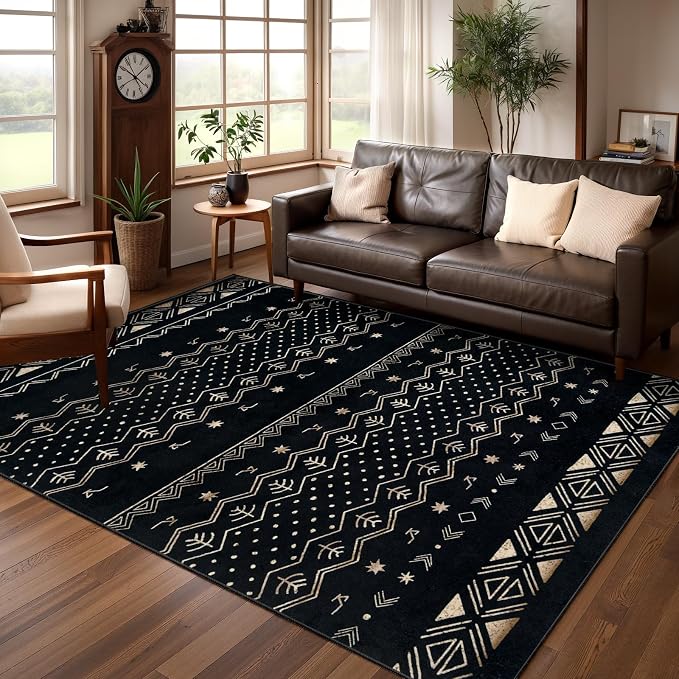 SERISSA 4x6 Area Rugs for Living Room, Washable Non-Slip Black Gold Grad Boho