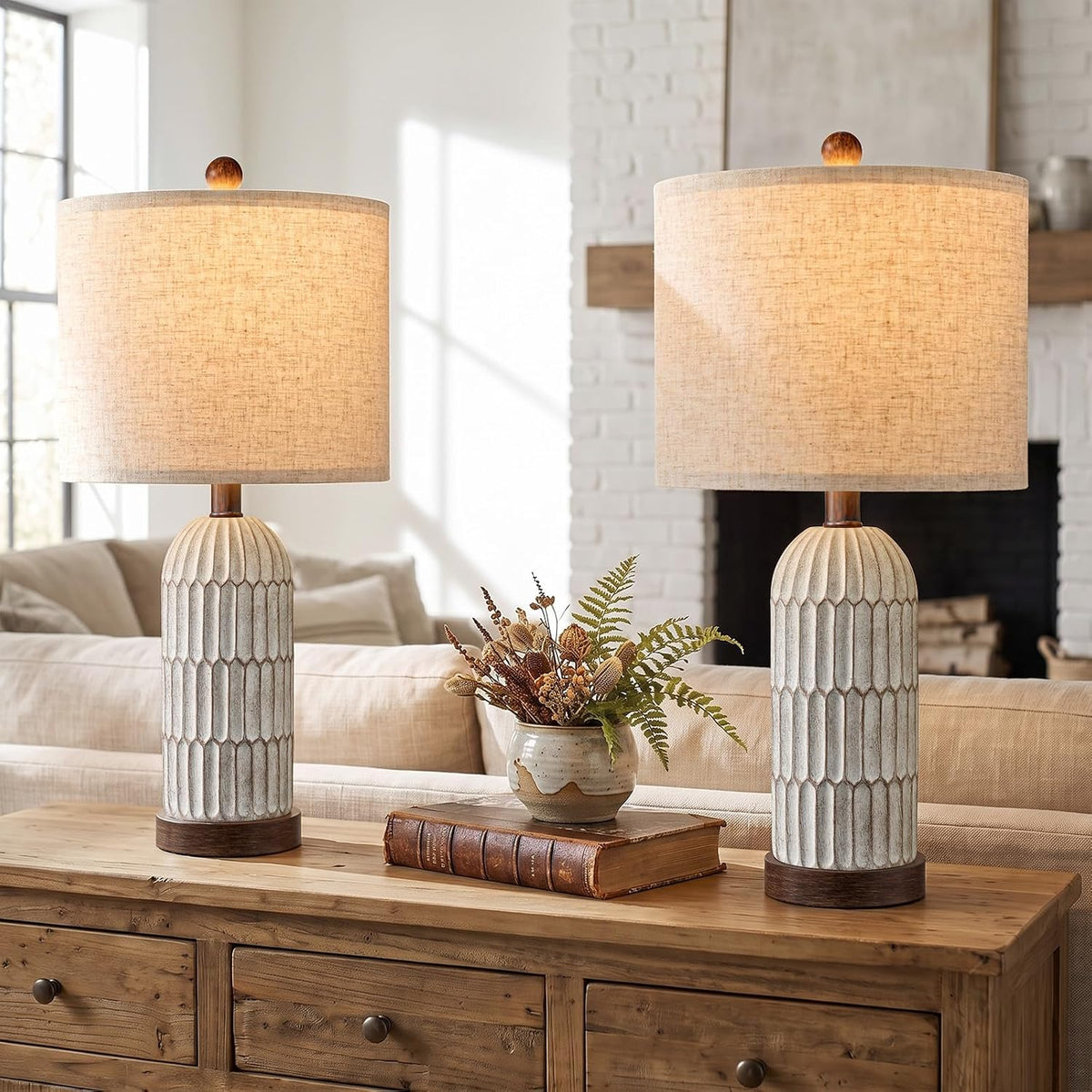 OYEARS 22" Bedside Table Lamps Set of 2, Farmhouse Lamp with USB,Dark Brown