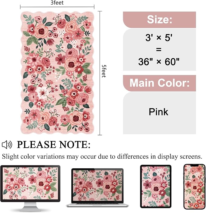 DUKINO 3x5 Area Rug, Floral Non-Slip Indoor Washable Rug