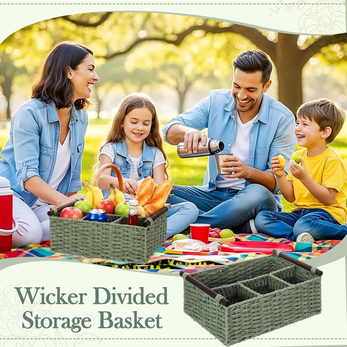Remerry Sage Green Bathroom Countertop Organizer Caddy, Wicker-Like Divided Basket with Handle and Metal Frame, 4 Compartment, Paper Rope Storage Organizer for Vanity Kitchen (10.24 x 7.87 x 3.94 in)