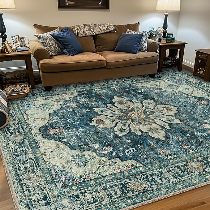 RELEANY Area Rugs 6'x9' Washable Non-Slip, Floral Vintage Distress Medallion