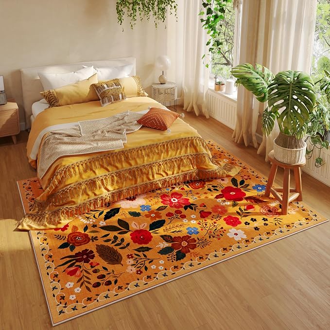 Rugcomf Living Room Rug 6x9 Rug Machine Washable Boho Area Rug Non Slip Floral