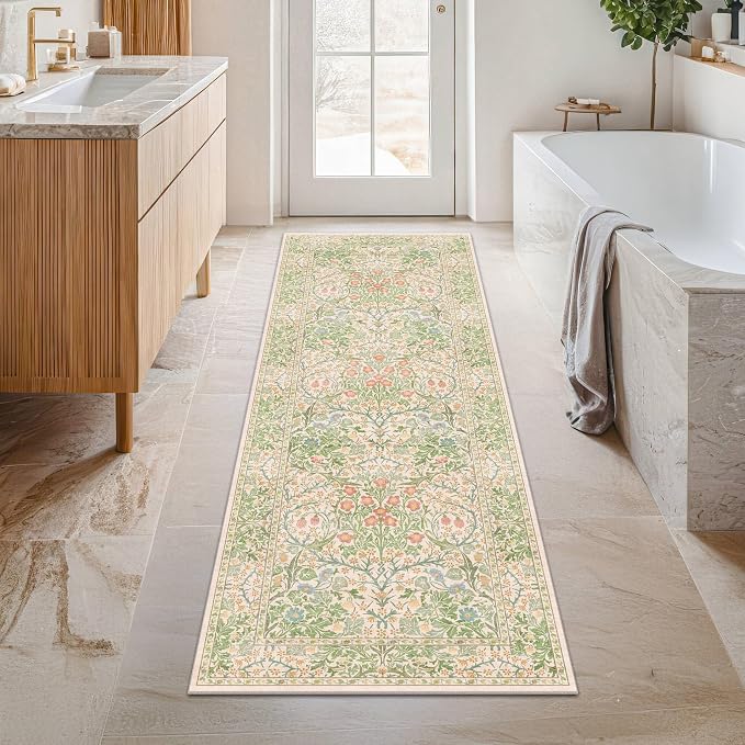 Hazo Haus Non Slip Beige Green Bathroom Runner Rug